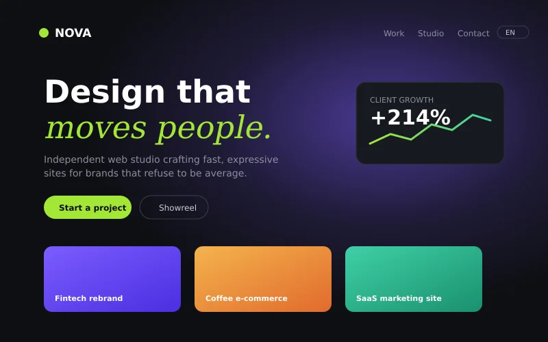 Dark studio landing page design with bold headline and gradient work cards