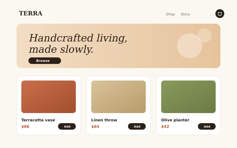 Warm e-commerce catalog design with product cards